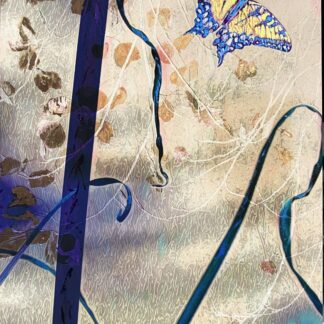 “浮” “Float” A butterfly floats over grasses.  Enhanced print in Ink/acrylic/watercolor metallics/Gold chrome marker. 11”x16.5”