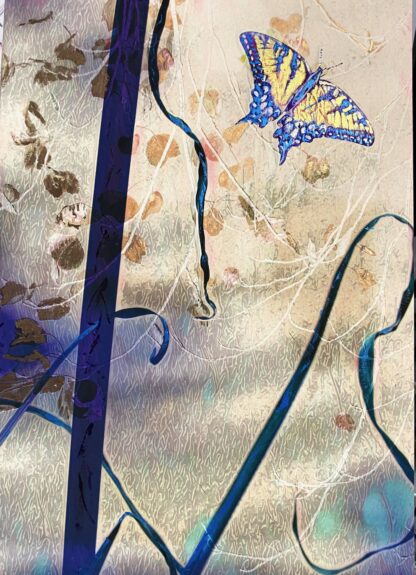 “浮” “Float” A butterfly floats over grasses.  Enhanced print in Ink/acrylic/watercolor metallics/Gold chrome marker. 11”x16.5”