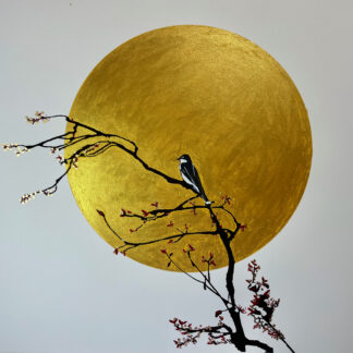 "Listen" 12" x 18" enhanced Print of a Songbird silhouetted against red or gold metallic sun, with red and gold accents in metallic chrome.