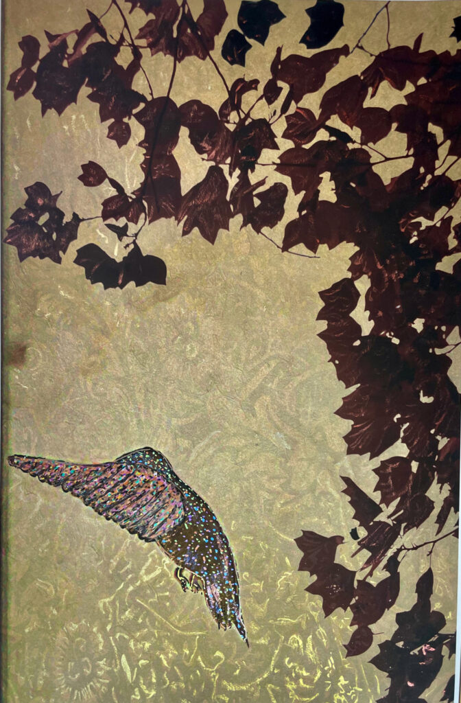"Rosette" Hummingbird hovers against gold brocade background. 11"x17" enhanced print.