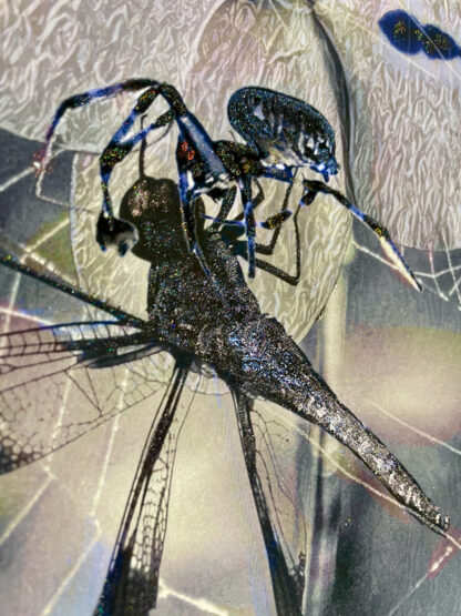 妬 “Envy” (Detail) 12”x18” Enhanced print in Ink/acrylic/watercolor/metallics. A spider watches as another takes her meal.