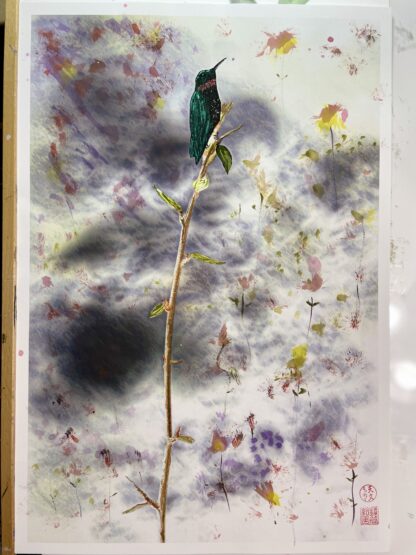 歩哨 “Sentinel” 12”x18” Enhanced print in Ink/acrylic/watercolor/metallics. A watchful ruby-throated hummingbird.