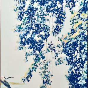 Set of 12 &nbsp;4"x6" Notecards featuring an inked print of a Great Blue Heron entering below Tulip poplar leaves, above a Blue Hill with a blank reverse side.