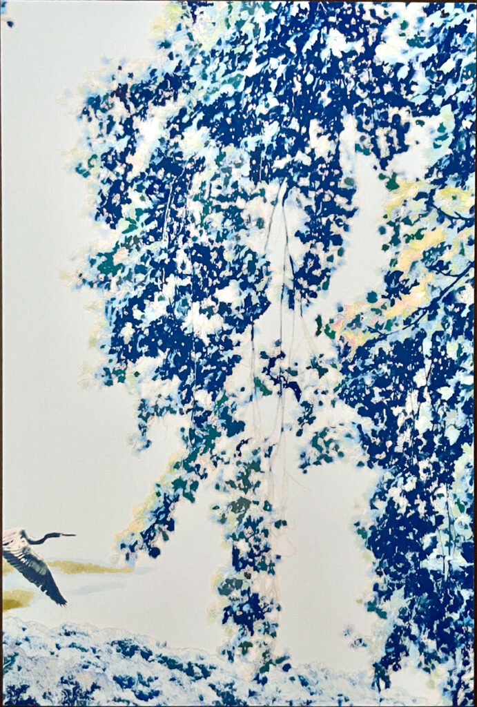 Set of 12  4"x6" Notecards featuring an inked print of a Great Blue Heron entering below Tulip poplar leaves, above a Blue Hill with a blank reverse side.